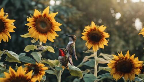Bujny ogród pełen ciemnych słoneczników i kolibrów unoszących się nad nimi.