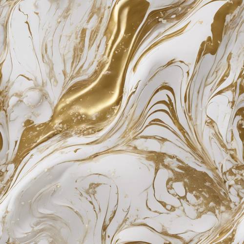 An abstract texture of white and gold marbled paint swirls.