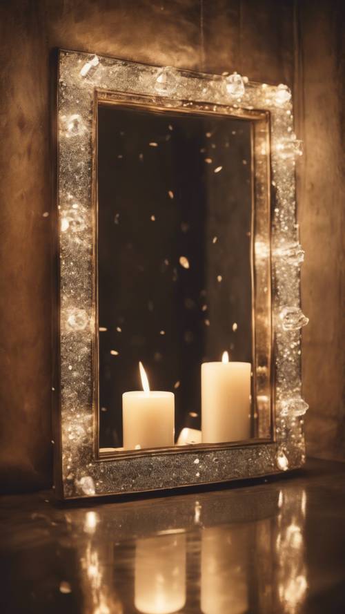 Un espejo antiguo con un marco tachonado de purpurina blanca que brilla bajo la luz de las velas.