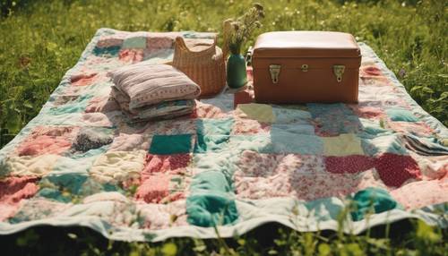 Una colcha de retazos extendida sobre un prado verde y lujoso bajo el sol, lista para un tranquilo picnic.