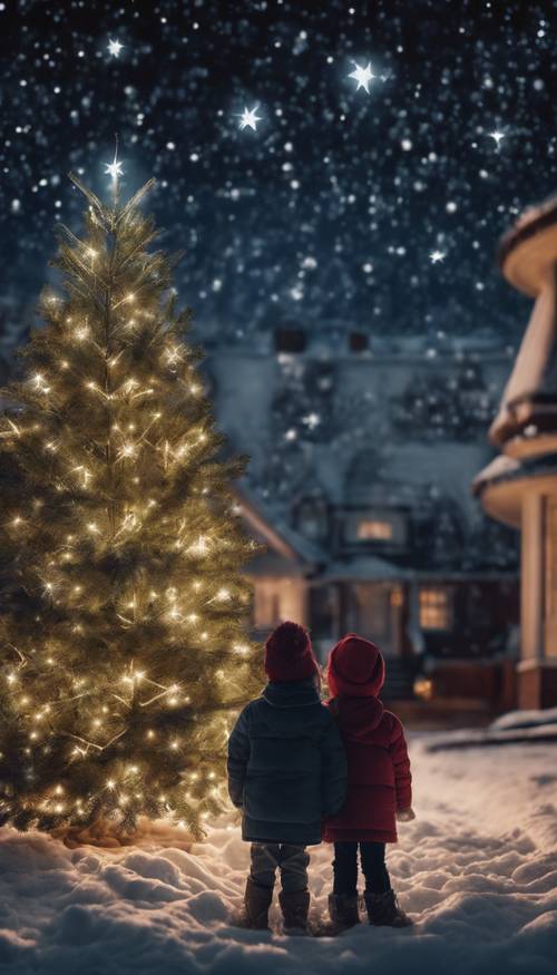 A starry night on Christmas Eve with children gazing at the sky, waiting for Santa Claus.