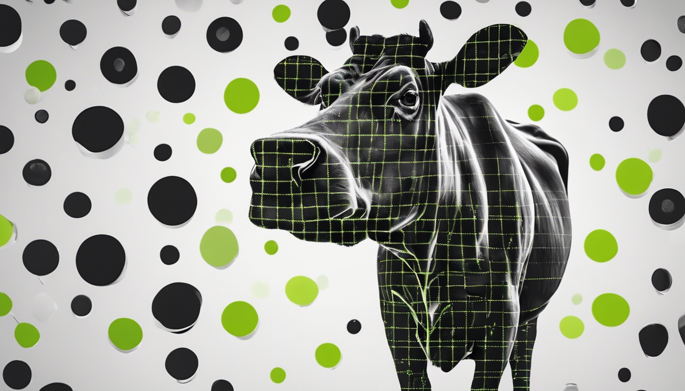 A minimalistic black and white silhouette of a cow overlaid with a pattern of lime green circles. Tapet[c96dc56265154805800f]
