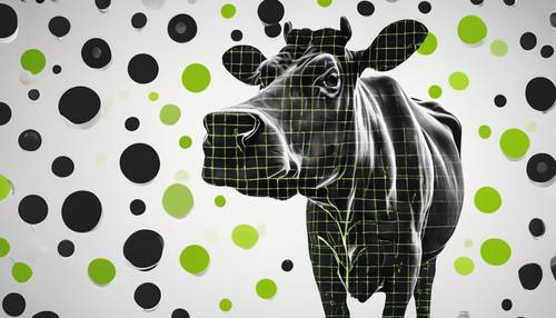 A minimalistic black and white silhouette of a cow overlaid with a pattern of lime green circles.