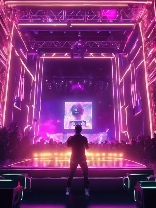Un concert virtuel dans un environnement de jeu de l&#39;an 2000, avec des projecteurs au néon présentant un avatar numérique se produisant sur scène.