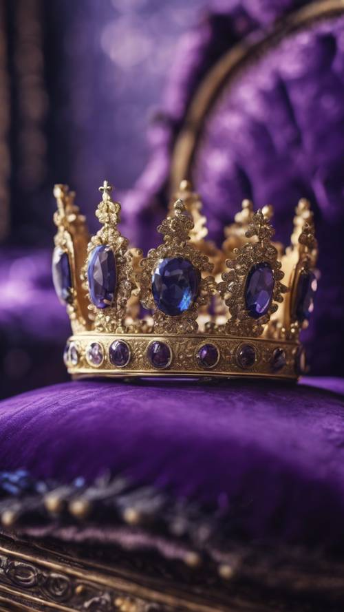 A queen's exquisite sapphire crown on a royal purple velvet pillow.