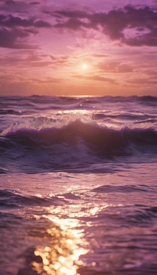 A close-up view of ocean waves brilliantly illuminated by purple beams of the rising sun.