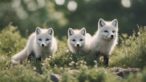 A group of arctic foxes playing joyfully in sage green summer foliage.