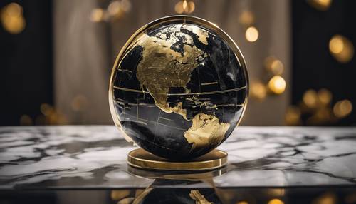 Un globo in marmo nero e argento con i paesi delineati in oro.