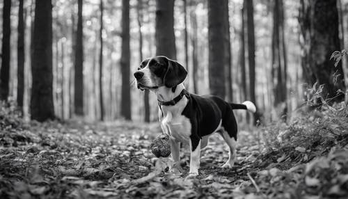 A black and white Beagle sniffing out a hidden truffle in an Italian forest.