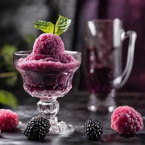 A delicious looking blackberry sorbet served in a crystal glass.