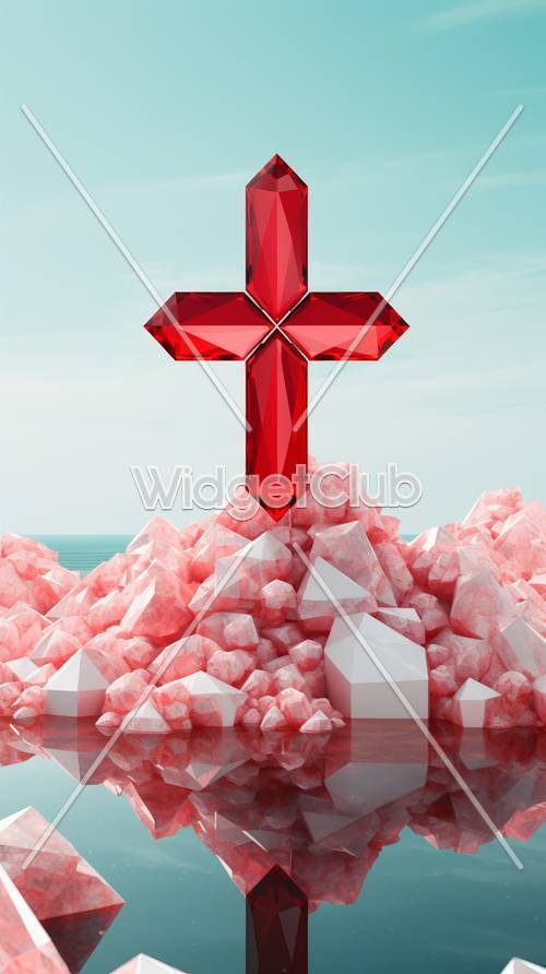 Croce gigante di cristallo rosso che galleggia su cristalli rosa in riva all&#39;oceano