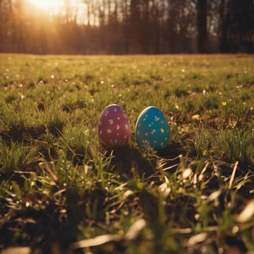 Matahari terbenam memberikan bayangan panjang di lapangan kosong setelah perburuan telur Paskah.