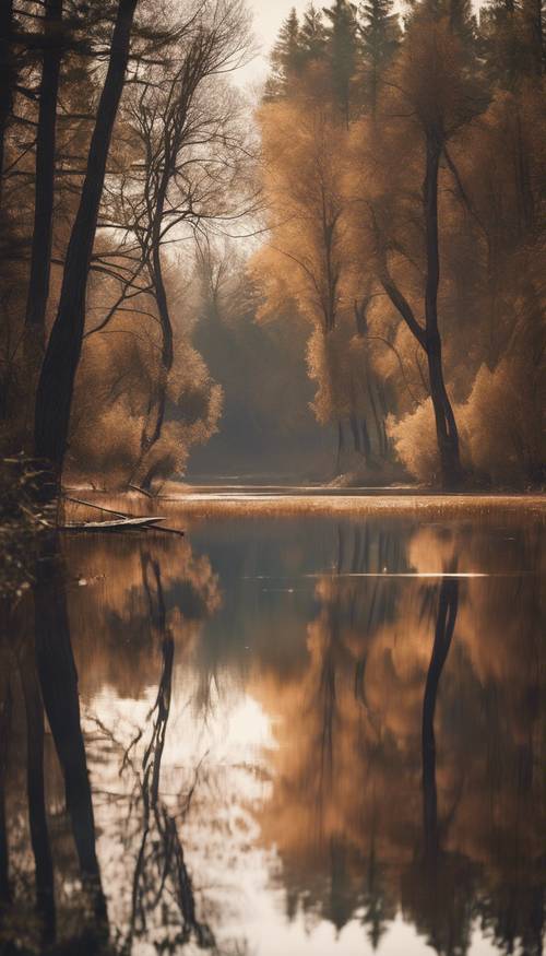 A calm lake smoothly reflecting the soft brown aura of the surrounding trees.