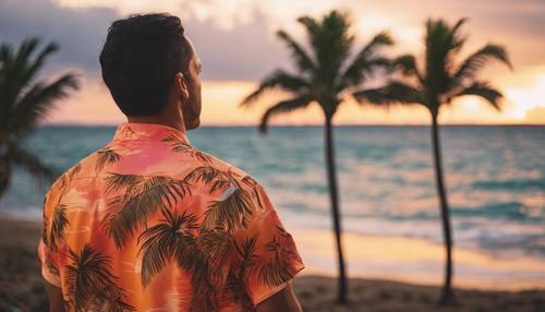 A traditional Hawaiian shirt pattern with palm trees and vibrant sunsets.