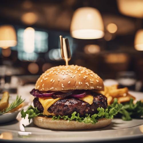 Un instantané d&#39;un hamburger gastronomique raffiné servi dans un restaurant haut de gamme.