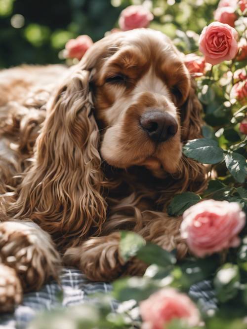 一只可卡犬在斑驳的阳光下，在郁郁葱葱的花园中睡觉，周围环绕着玫瑰。