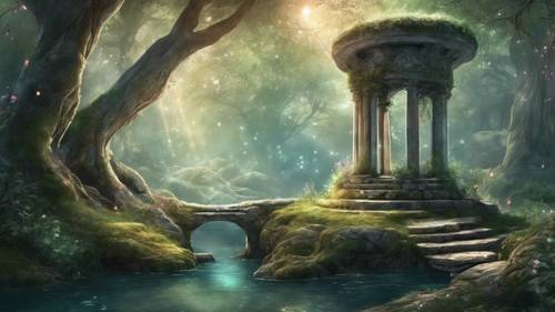 Une forêt magique et tranquille avec un vieux puits en pierre débordant d&#39;eau pétillante.