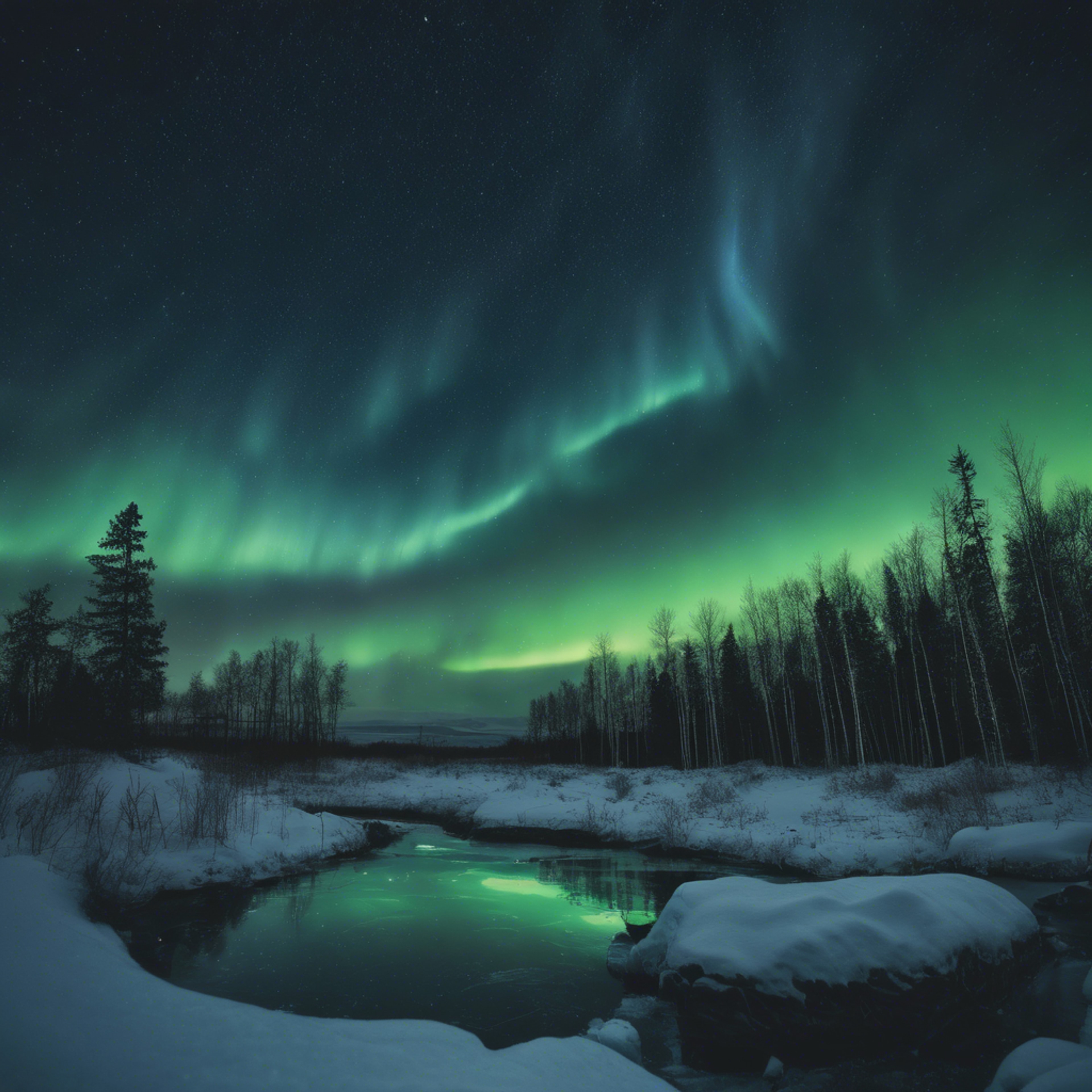 A majestic view of the Northern lights dancing in the night sky, showing various shades of blue and green. Wallpaper[3d23c82dc17f41c8a962]