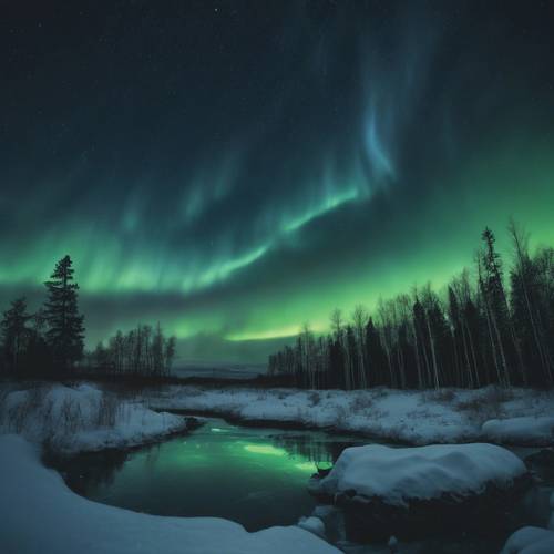 Mavi ve yeşilin çeşitli tonlarını gösteren, gece gökyüzünde dans eden Kuzey ışıklarının görkemli manzarası.