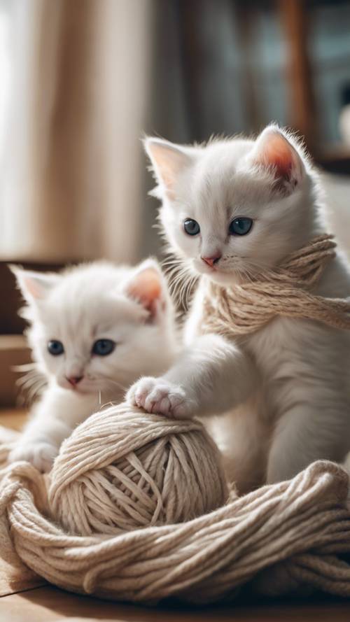 Three white kittens playing with yarn in a cozy living room Tapeta [d5aa889dab614595abb7]