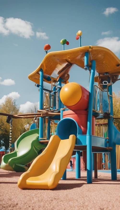 Blick auf einen modernen, farbenfrohen Spielplatz voller Kinder mit einem blauen Himmel im Hintergrund.
