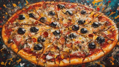 Una pintura al óleo abstracta con temática de pizza al estilo de Jackson Pollock.