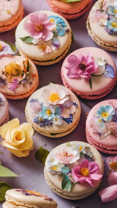 Spring-inspired macarons decorated with edible flower petals.