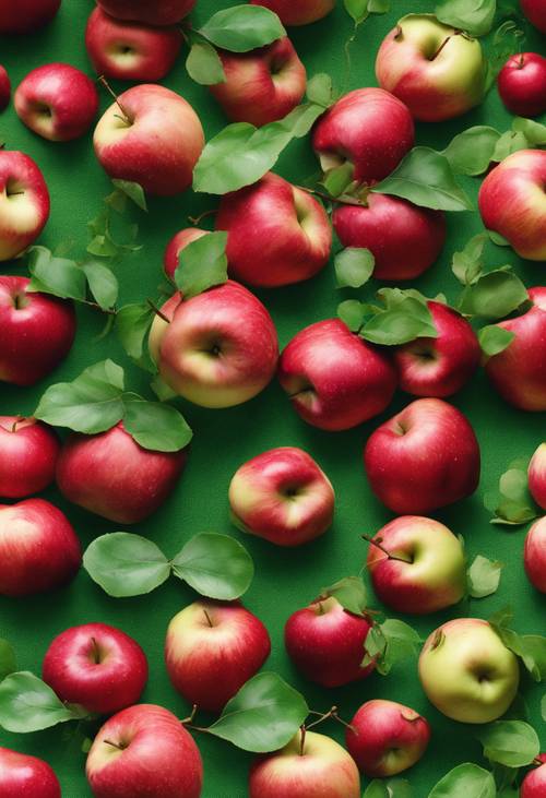 A seamless pattern of bright red apples scattered on a lush green field.