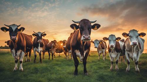 Un troupeau de différentes races de vaches se détendant ensemble sous un magnifique coucher de soleil.