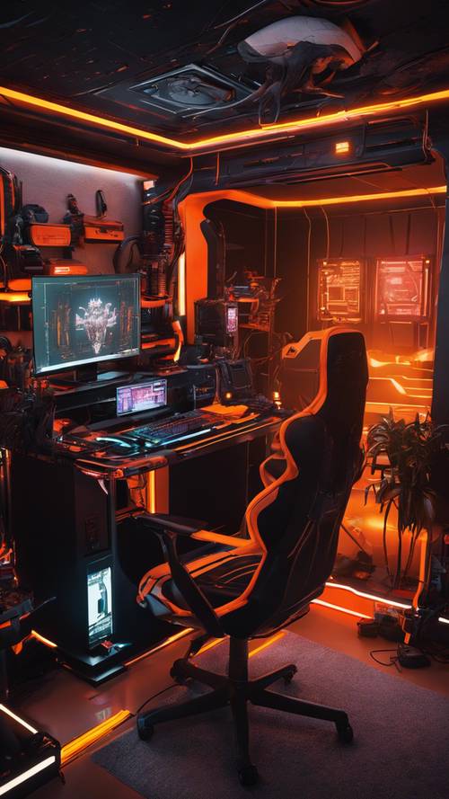 Una impresionante configuración de juego con temática negra y naranja con luces LED que iluminan la habitación.