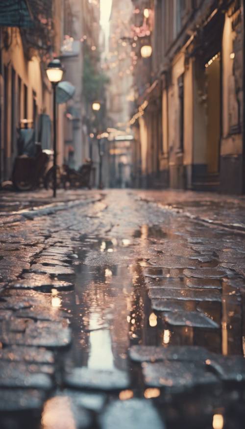 Uma rua urbana em tons pastéis lavada depois de uma chuva de verão, com reflexos brilhando em paralelepípedos molhados.