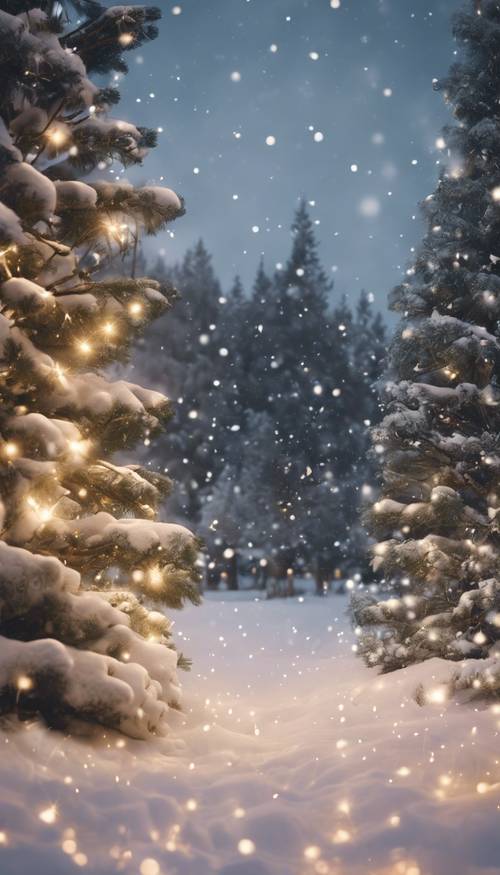 A beautiful Christmas landscape with pine trees covered with a dusting of snow and twinkling lights.