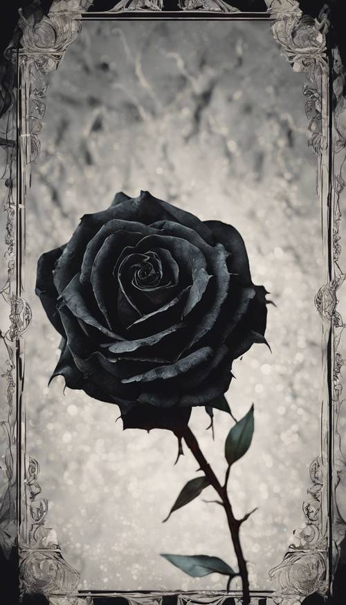 Eine gotische Illustration eines schwarzen Rosenblattes vor einem dunklen, unheimlichen Hintergrund.