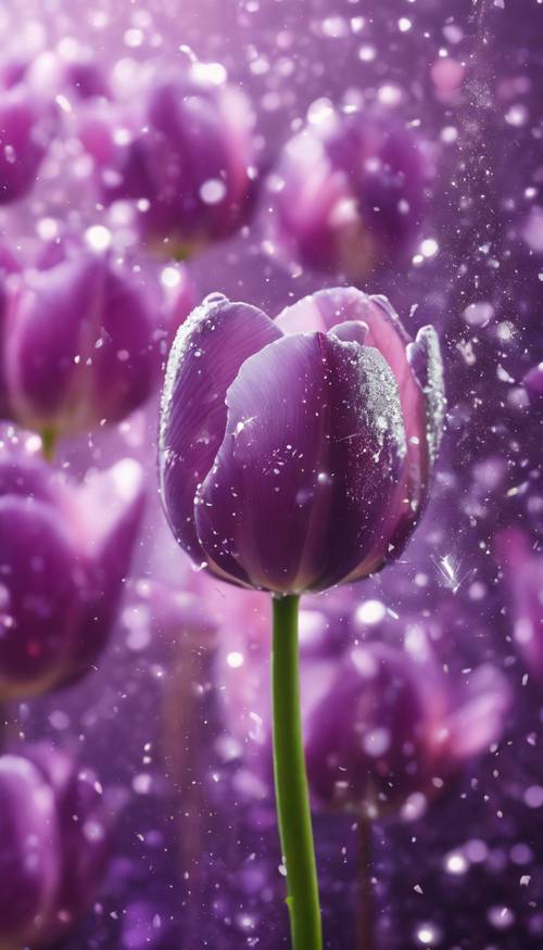 Kelopak bunga tulip ungu ditaburi kilau perak.