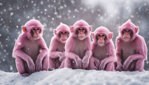 A troop of pink monkeys huddled together against a snowy winter morning.