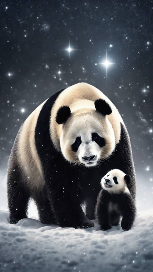 Una mamma panda con i suoi cuccioli, passeggia pacificamente in una notte silenziosa e nevosa, sotto una coltre di stelle.