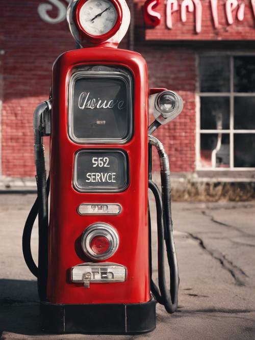 Stara stacja benzynowa z czerwonymi dystrybutorami i czarnym modelem samochodu z lat 50. XX wieku, pod czerwono-czarnym neonem z napisem „Serwis”.