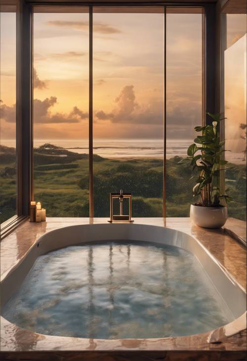 Contemporary master bathroom with walk-in rain shower, deep soaking bathtub, and large window revealing an ocean view at sunset.