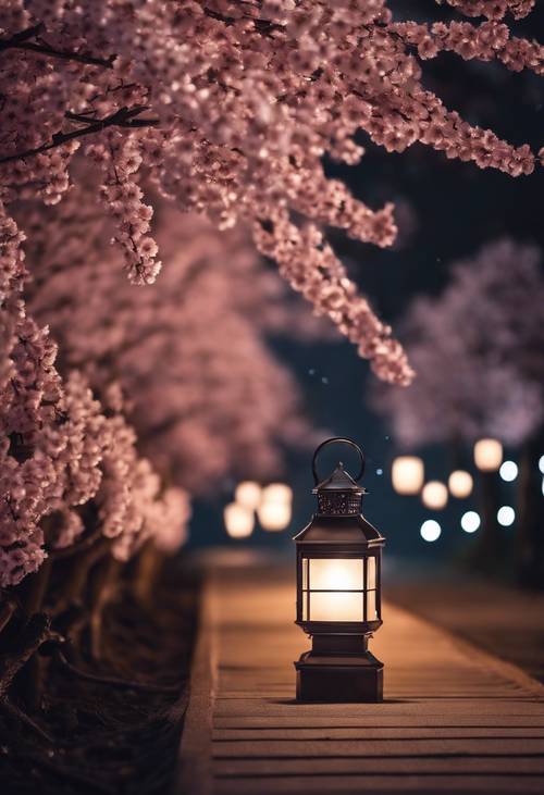 The gentle diffused glow of a lantern illuminating a path lined with cherry blossoms at night.
