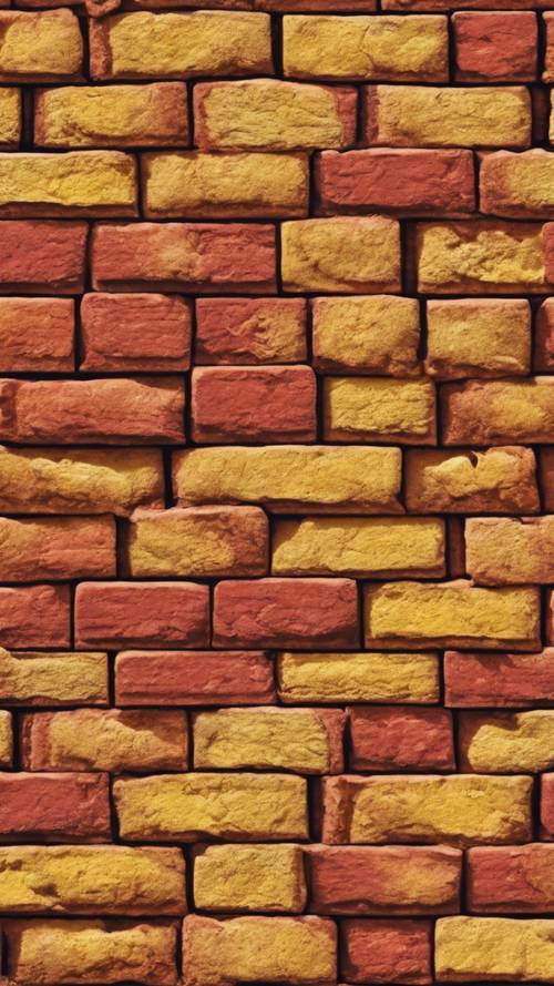 Uma parede feita de tijolos vermelhos e amarelos encaixados em um padrão uniforme.