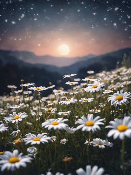 Daisies glowing under a moonlit night creating an ethereal landscape.