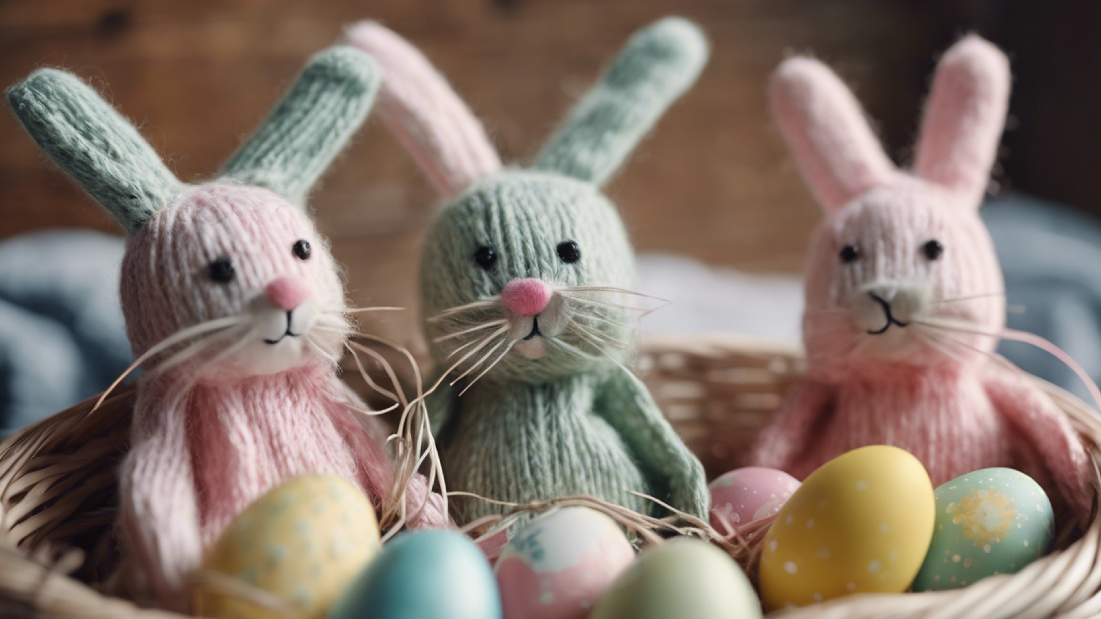 Homemade sock bunnies with twine whiskers, sitting in a cozy Easter basket. Wallpaper[6d67e9ac509f498599cb]