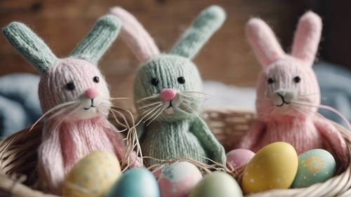 自制的袜子兔子，带有麻绳胡须，放在舒适的复活节篮子里。