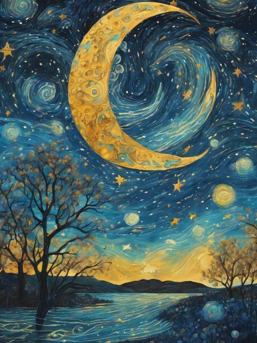 كوكبة برج الحوت مرسومة في سماء ليلية مستوحاة من أعمال فان جوخ مع نجوم دوامة وقمر لامع.