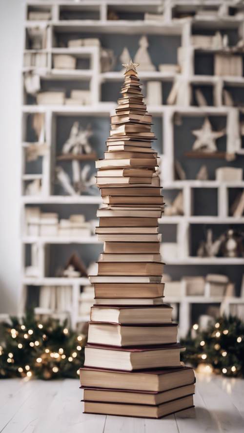 Un árbol de Navidad hecho de libros apilados contra una pared blanca