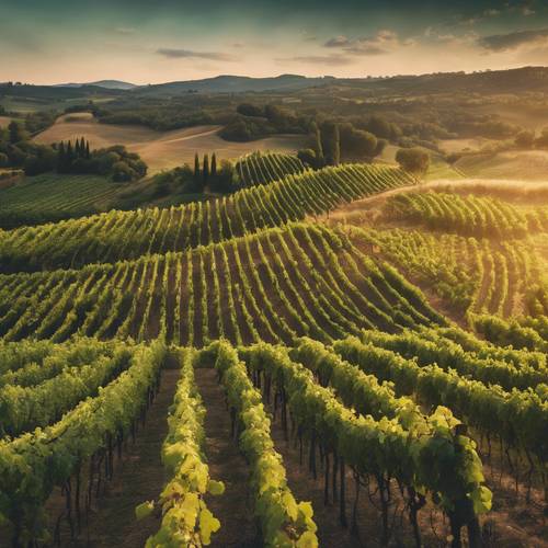 Kebun anggur hijau gelap yang indah di Tuscany saat matahari terbenam