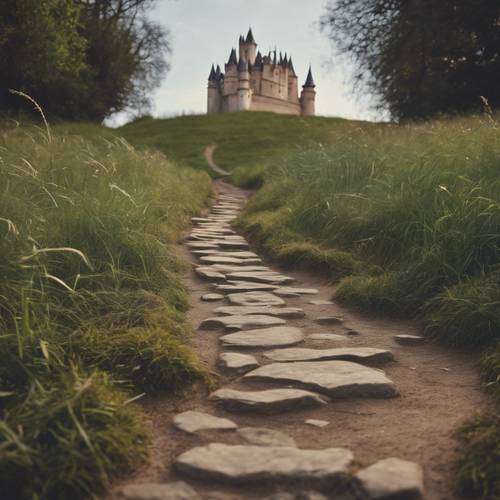 A winding path leading to a majestic castle with 'Every journey begins with a single step' etched into the ground beneath. Тапет [901e38b4e5ad42e990c2]