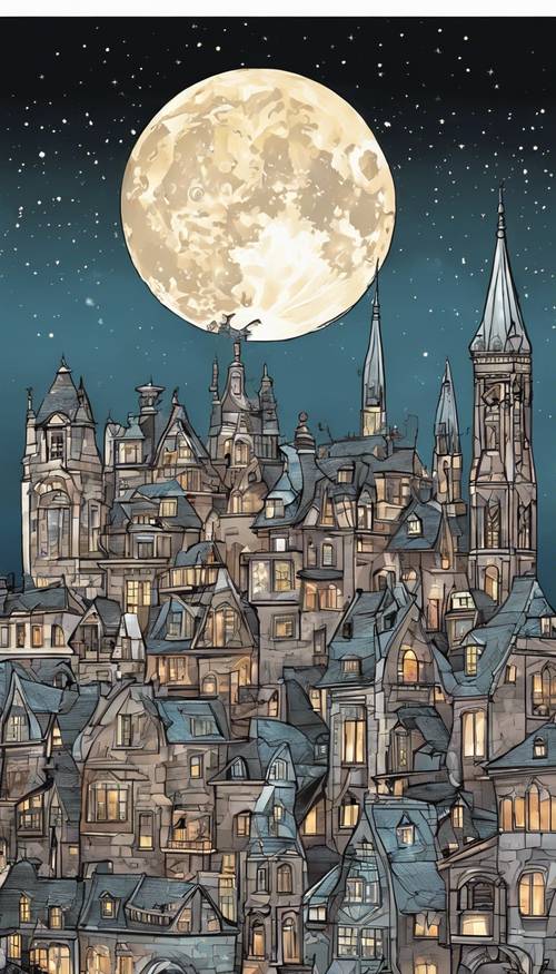 Uma paisagem urbana detalhada de desenho animado sob a lua cheia com estrelas cintilantes, apresentando arquitetura em estilo gótico.