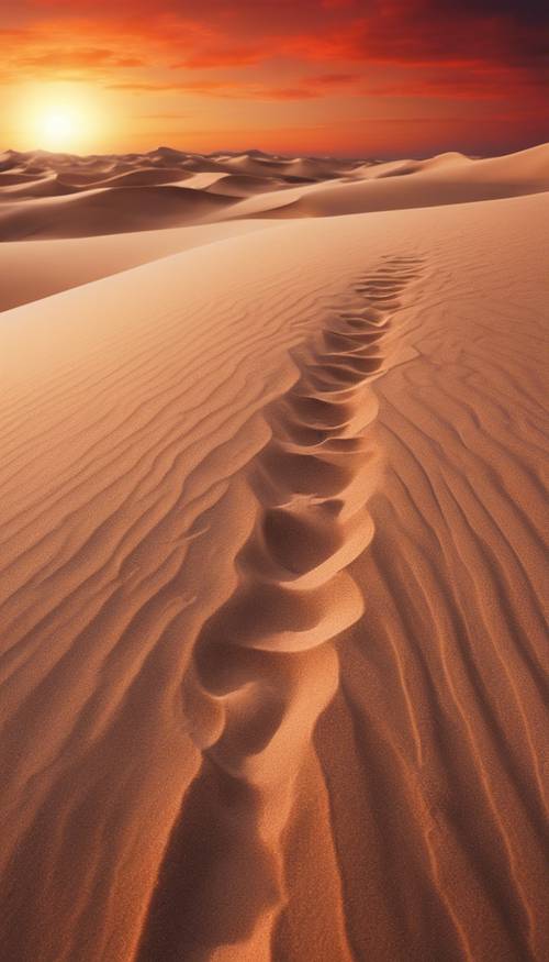 Gambar lanskap gurun pasir krem ​​​​dengan matahari terbenam berwarna merah cerah di cakrawala.