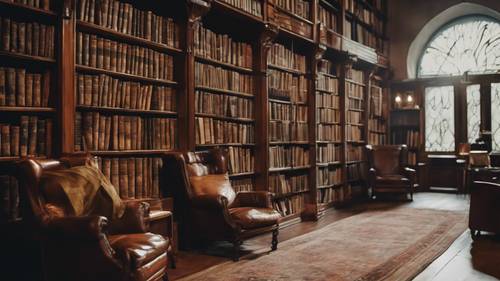 ספרייה גדולה מלאה בספרים עתיקים וכיסא קריאה וינטג&#39; שמחכה לאכלוס.